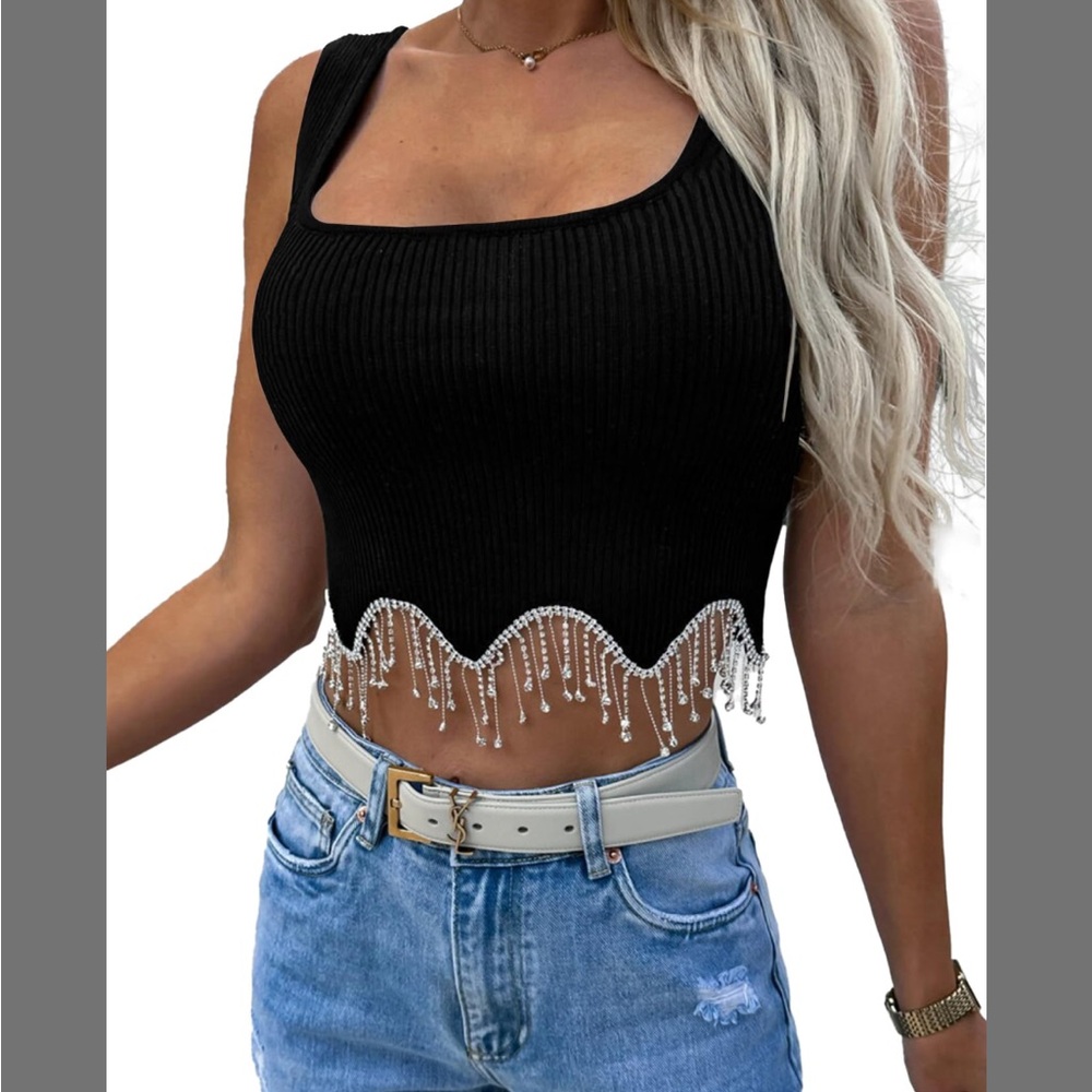 Black Ribbed Crop Tank Top with Beaded Fringe